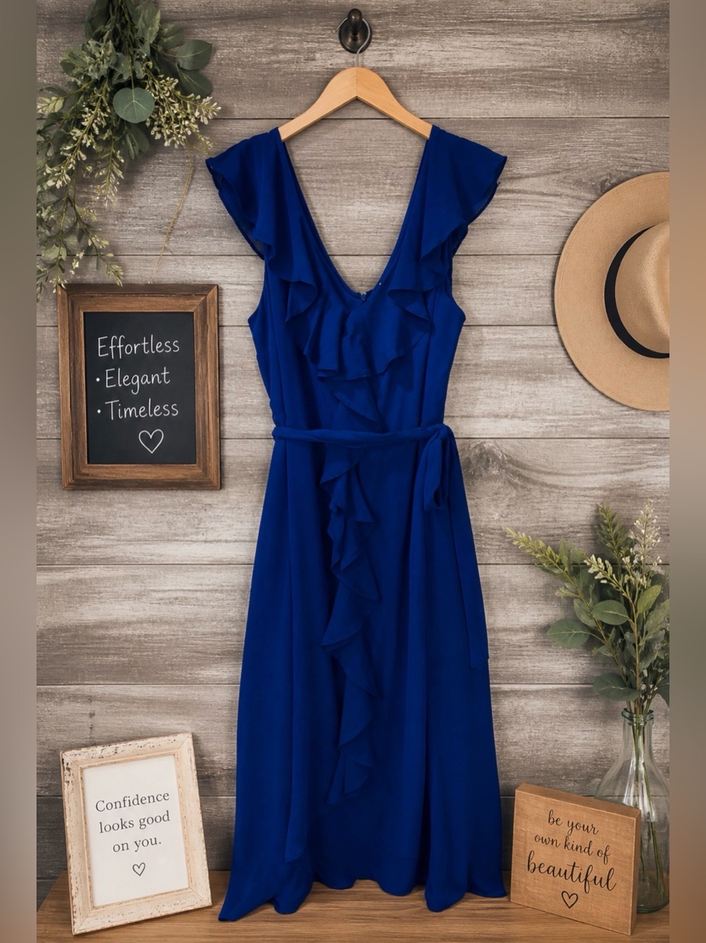 DKNY Off-Shoulder Ruffle Wrap Midi Dress in Royal Blue